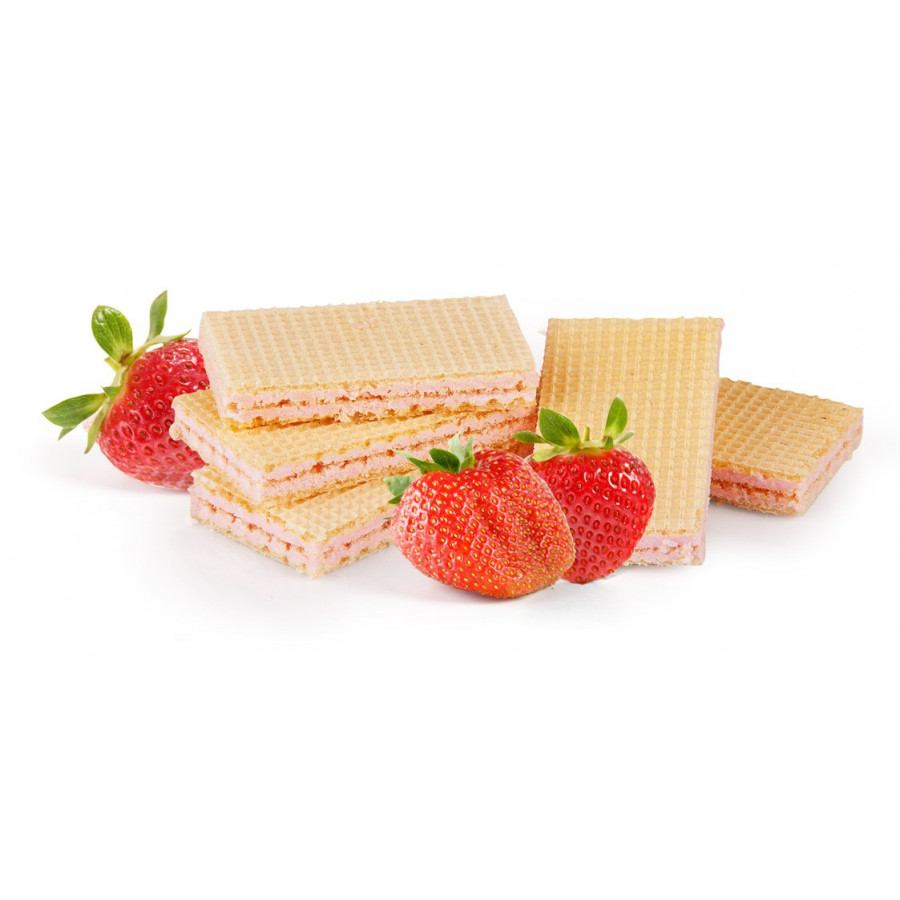 Wafelki z nadzieniem o smaku TRUSKAWKOWYM. Produkt bezglutenowy.  