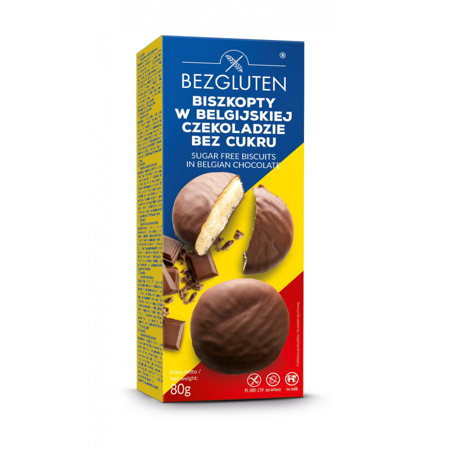 Biszkopty w belgijskiej czekoladzie bez cukru bezglutenowe 80 g.